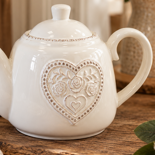 White Ceramic Small Teapot with Floral Heart Detail