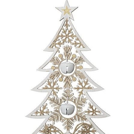 Wooden Tree With White Bells, close-up of the openwork branches and three hanging bells