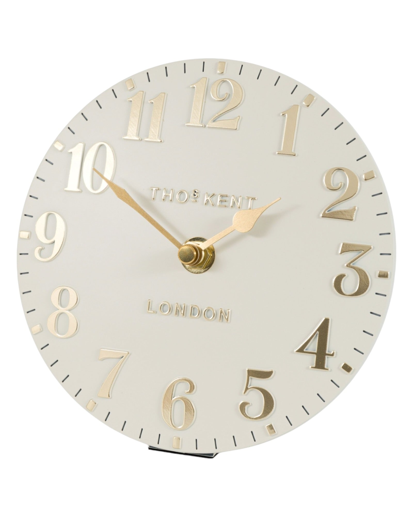 Thomas Kent Arabic Mantle Clock in oatmeal white with black numerals and classic design, perfect for mantel or tabletop decor.