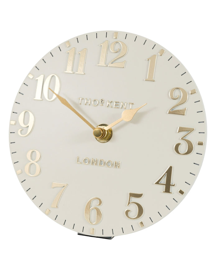 Thomas Kent Arabic Mantle Clock in oatmeal white with black numerals and classic design, perfect for mantel or tabletop decor.