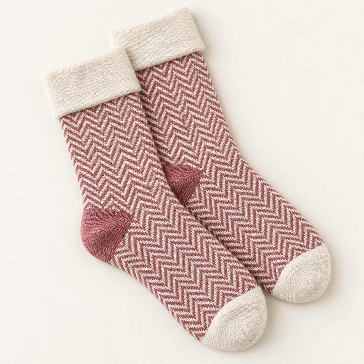 Cosy Cuff Socks - Pink Herringbone, pink herringbone socks with cream cuffs on pale fabric