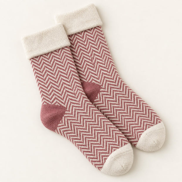 Cosy Cuff Socks - Pink Herringbone, pink herringbone socks with cream cuffs on pale fabric