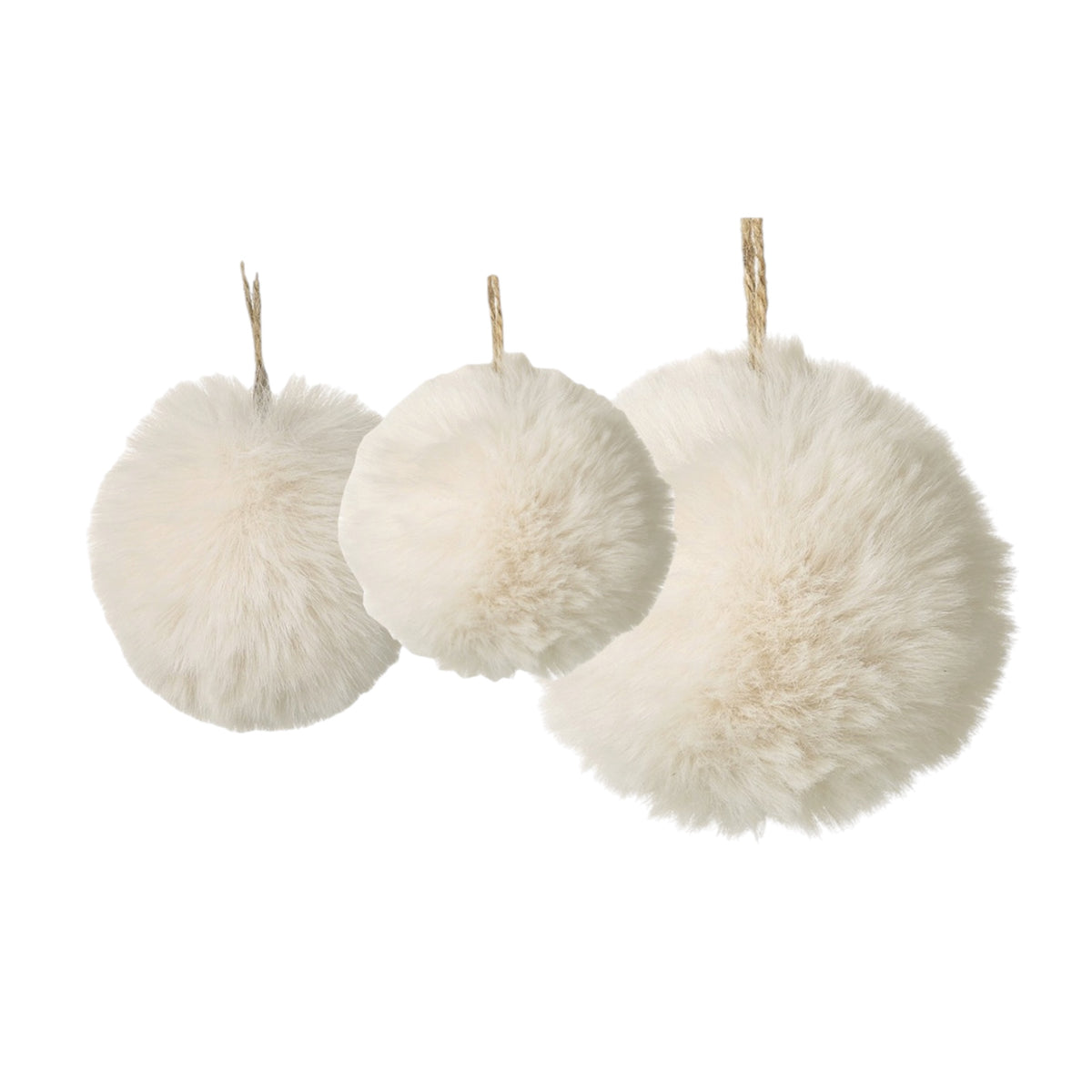 Cream Fluffy Hanging Fur Snowball, three cream fluffy snowballs in graduated sizes against white