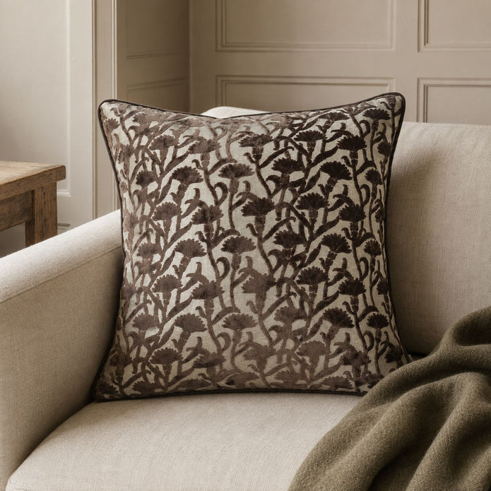 Chocolate Brown Velvet Floral Print Cushion Cover