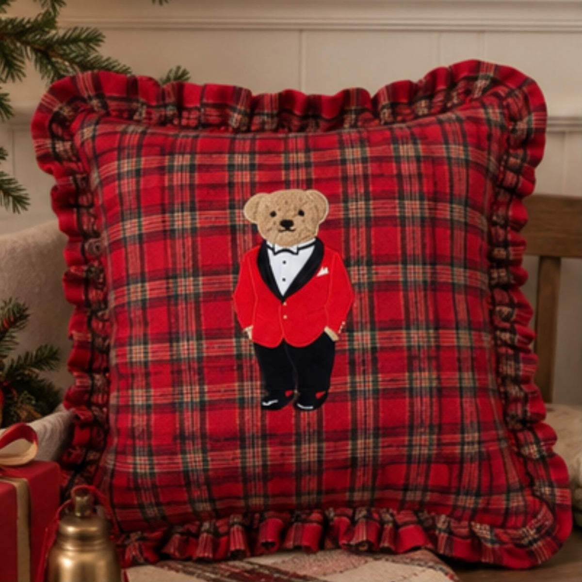 Red Tartan Teddy Bear Cushion Cover