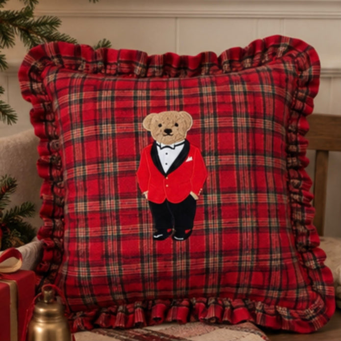 Red Tartan Teddy Bear Cushion Cover