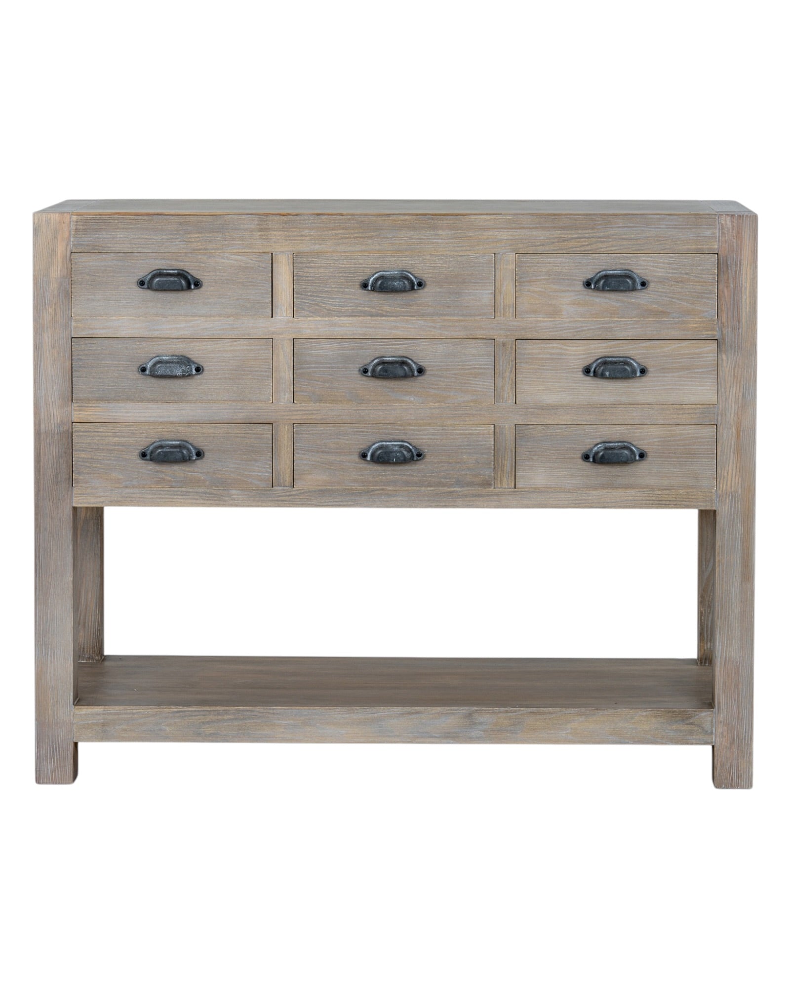 Haldon Collection 9-drawer chest with shelf by Hill Interiors, wooden furniture piece with multiple drawers and open shelving.