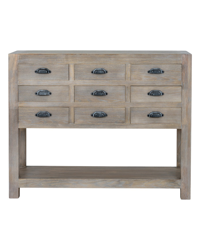 Haldon Collection 9-drawer chest with shelf by Hill Interiors, wooden furniture piece with multiple drawers and open shelving.