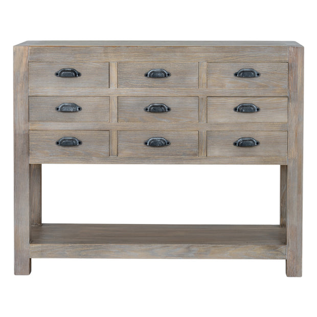 Haldon Collection 9-drawer chest with shelf by Hill Interiors, wooden furniture piece with multiple drawers and open shelving.