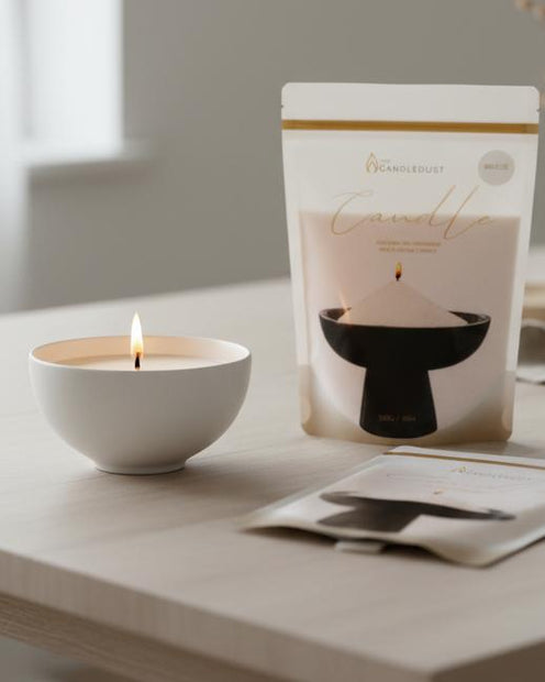 White Scented Candle Sand Kit – Breeze, Breeze candle-sand pouch beside a lit white bowl