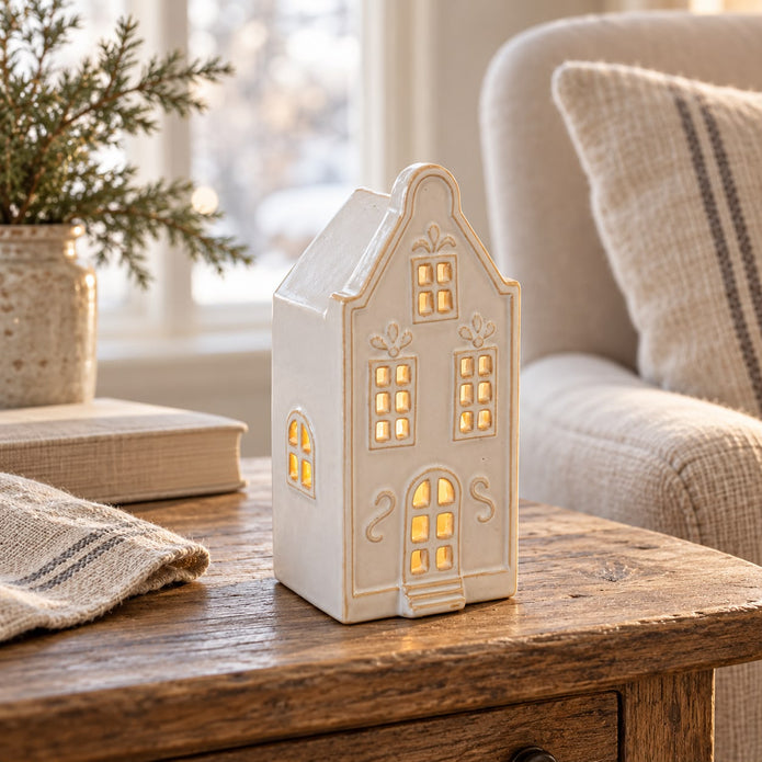 White Ceramic LED Light Up Dutch Christmas House