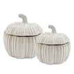 Neutral Beige Ceramic Pumpkin Storage Jar, two striped pumpkin storage jars against white