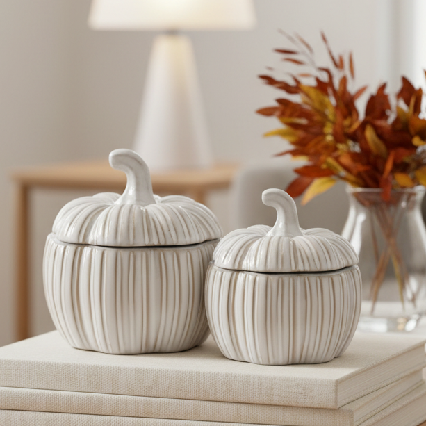 Neutral Beige Ceramic Pumpkin Storage Jar