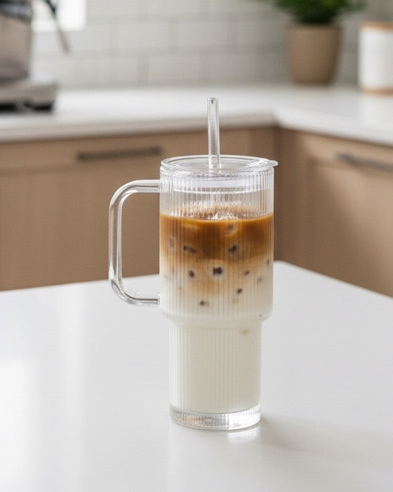 Glass ribbed ‘Stanley’ style iced coffee travel cup from Starlight Express, with a clear, textured design and spill-proof lid.