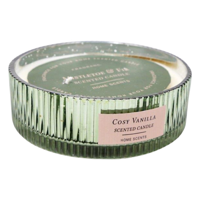 Sage Green Glass Ribbed Candle, sage ribbed candle jar showing its top label