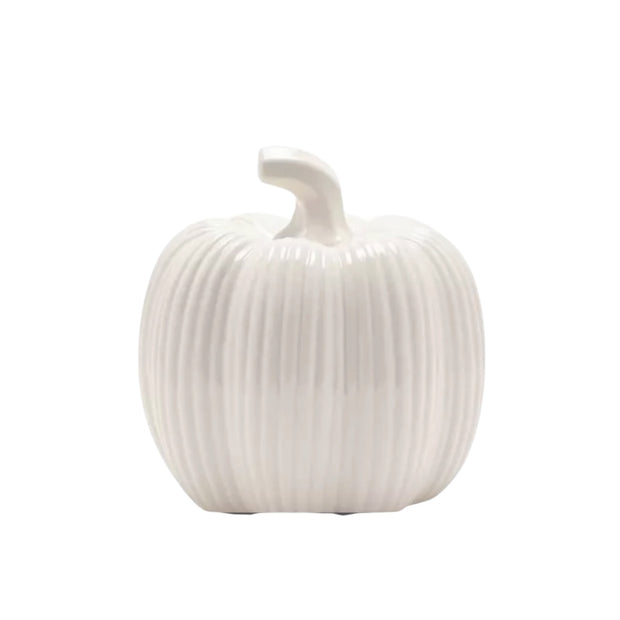 White Ceramic Ribbed Pumpkin, upright white ribbed pumpkin against white