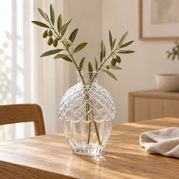 Glass acorn vase with olive branches