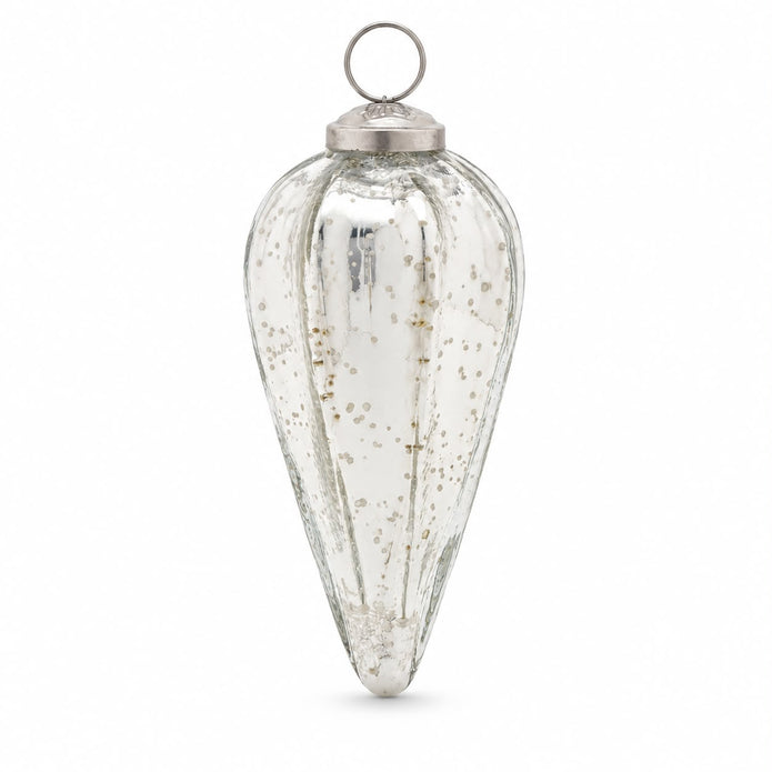 Silver glass Christmas teardrop hanging decoration by Widdop & Co, featuring a reflective teardrop shape for holiday decor.