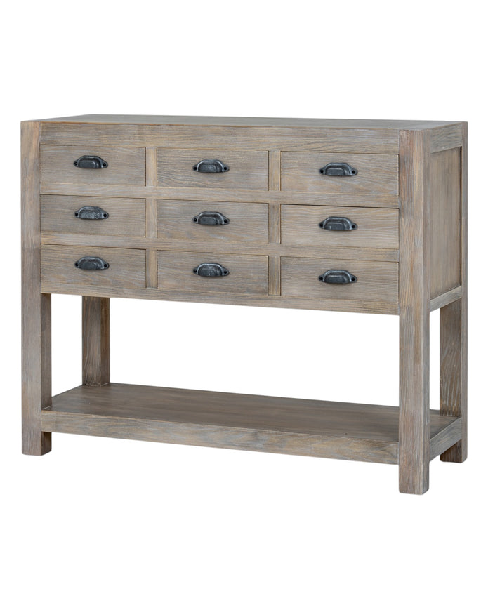 Hill Interiors Haldon Collection 9-drawer chest with shelf, modern wooden furniture piece with ample storage and sleek design.