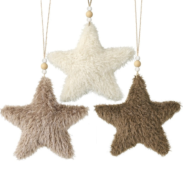 Neutral Hanging Fluffy Star, three fluffy stars with beaded hanging cords on white
