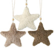 Neutral Hanging Fluffy Star, three fluffy stars with beaded hanging cords on white