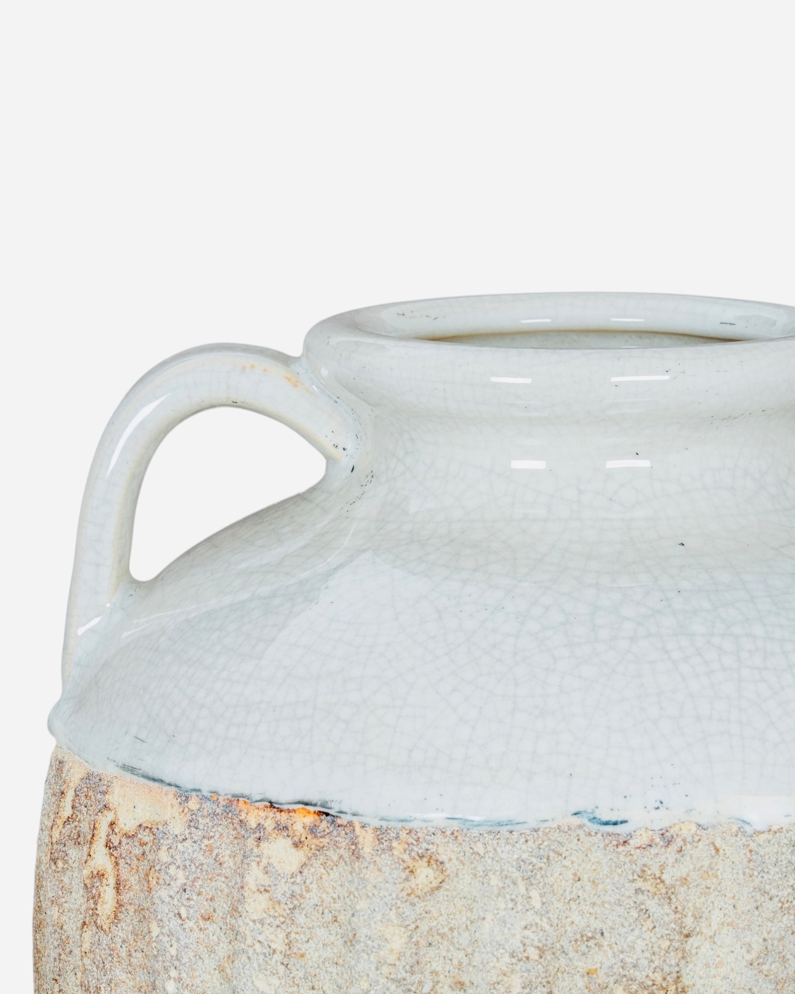 White and beige Thorne Amphora rustic vase with a textured surface, featuring a classic amphora shape and decorative handles.