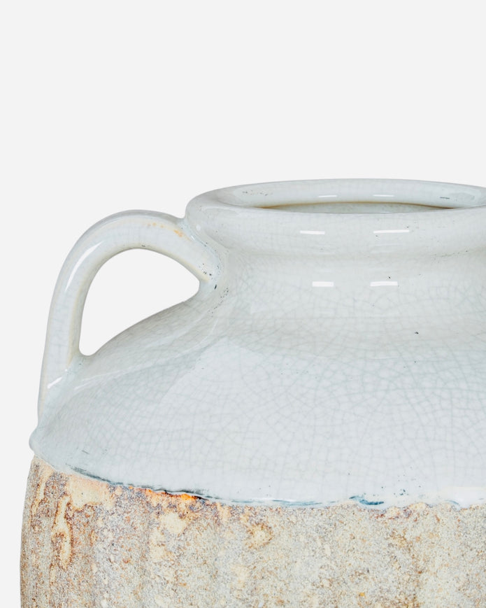 White and beige Thorne Amphora rustic vase with a textured surface, featuring a classic amphora shape and decorative handles.