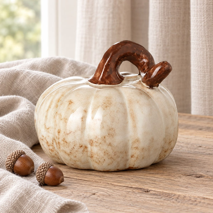 Cream And Brown Ceramic Pumpkin