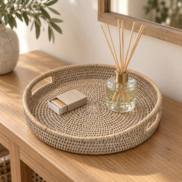 Wickham Rattan Oval Tray With Handles, oval woven tray with a reed diffuser and matches