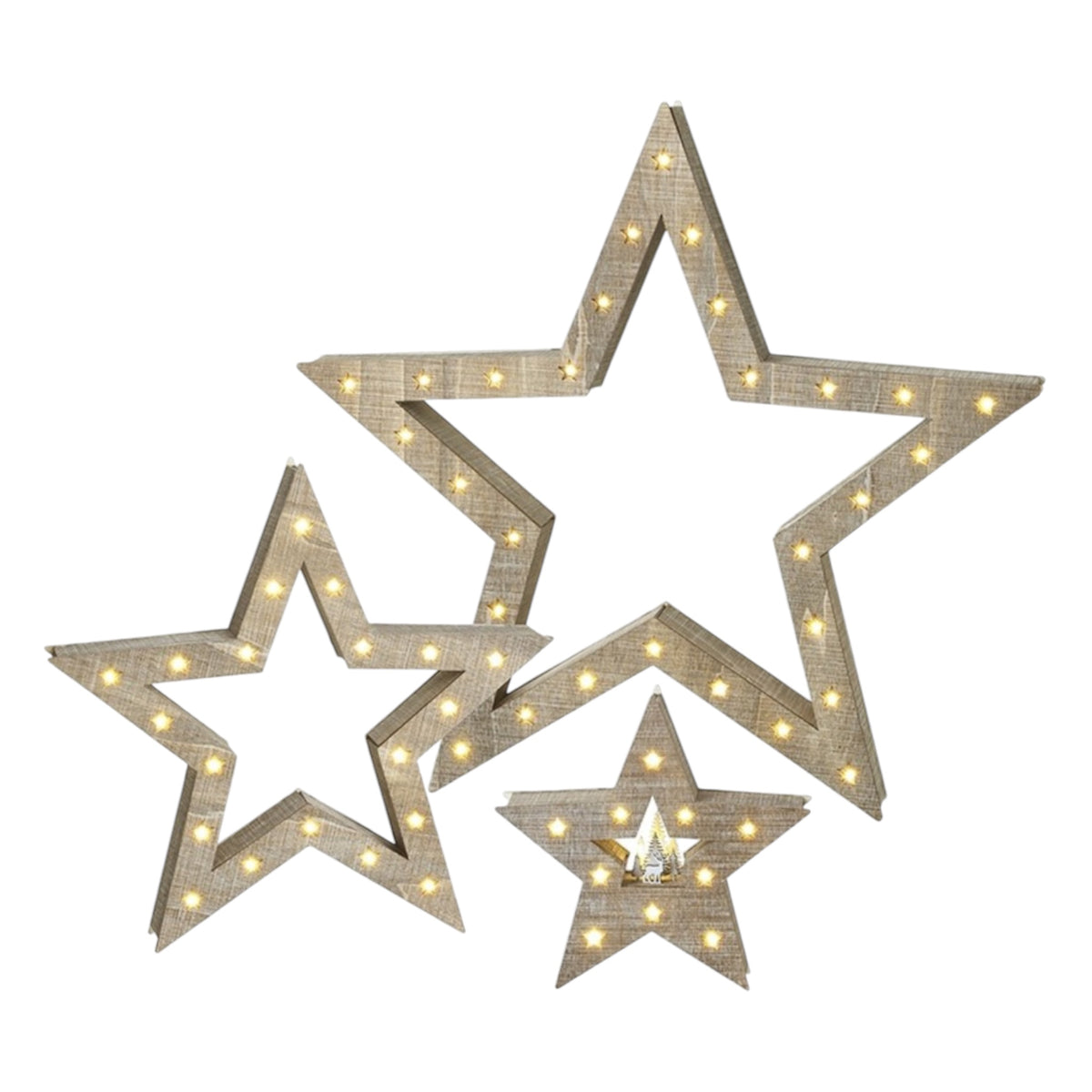 Three sizes of natural wooden LED star with warm lights around their open frames on a white background.