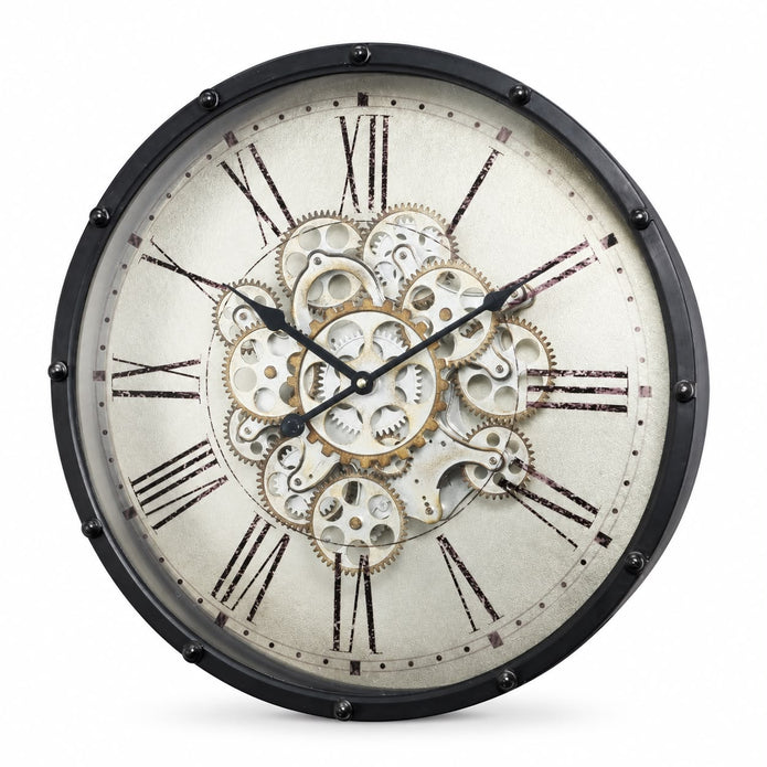 Black frame mechanical skeleton clock with visible gears and intricate design, showcasing a modern industrial style.