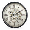 Black frame mechanical skeleton clock with visible gears and intricate design, showcasing a modern industrial style.