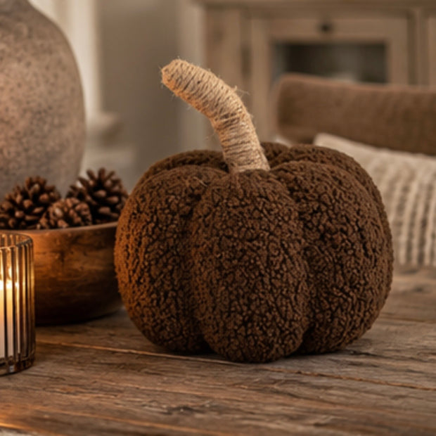Brown boucle pumpkin autumn decor by Satchville, featuring textured boucle fabric in warm brown tones, perfect for seasonal decorations.
