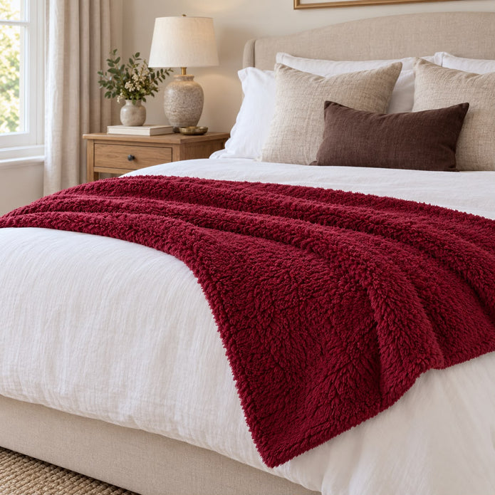 Burgundy Teddy Throw Blanket – Cosy Autumn & Winter Soft Furnishing