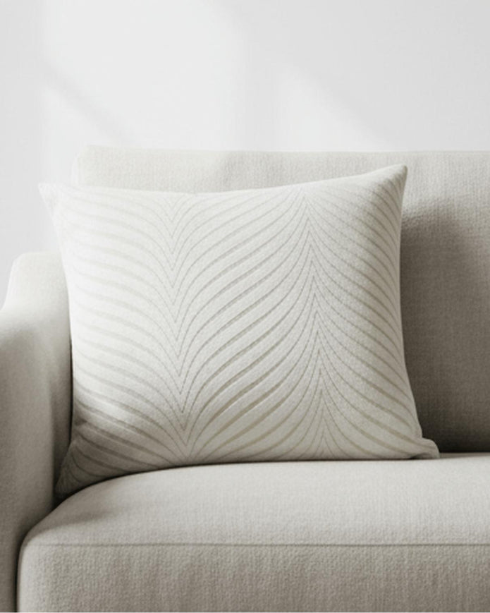 Neutral ivory cut velvet fan cushion cover by Malini, featuring soft, plush fabric with a stylish fan pattern for elegant home decor.