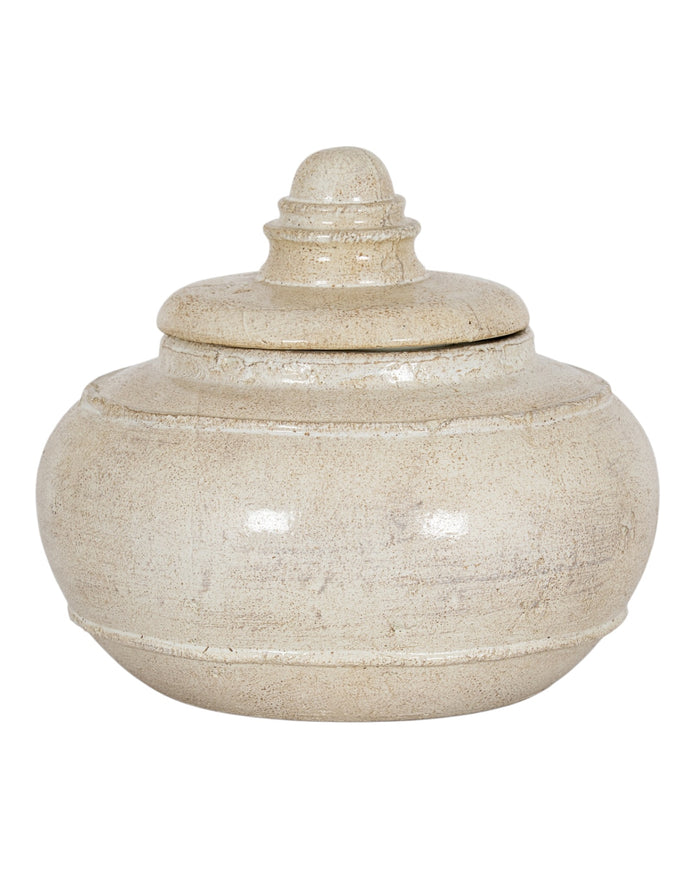 Tarn Neutral Glazed Lidded Pot vase by Hill Interiors, ceramic with a glossy finish and a decorative lid, placed on a wooden surface.