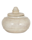 Tarn Neutral Glazed Lidded Pot vase by Hill Interiors, ceramic with a glossy finish and a decorative lid, placed on a wooden surface.