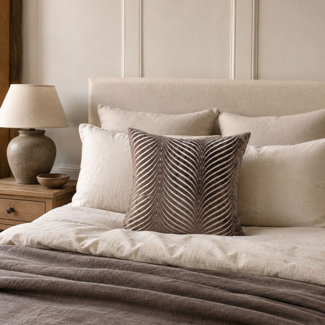 Chocolate Brown Luxury Velvet Fan Patterned Cushion Cover