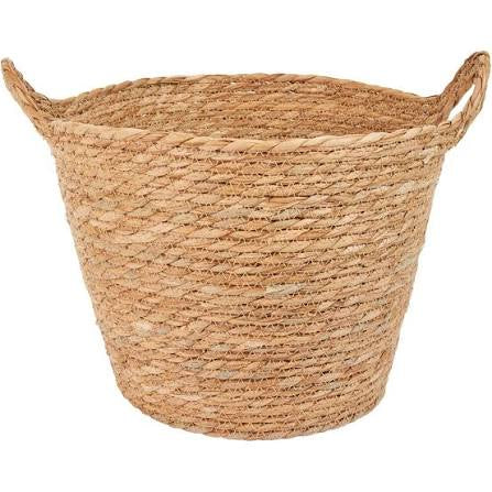 Nested natural woven baskets showing their braided handles and stitched construction