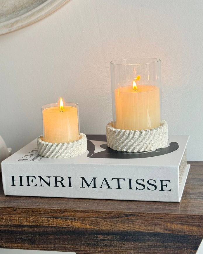 Neutral textured hurricane candle holder for home decor by Satchville, featuring a stylish, frosted glass design.
