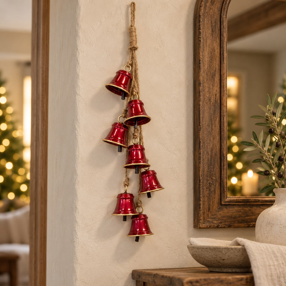 Metal Glossy Red 7 Bell Hanging Garland