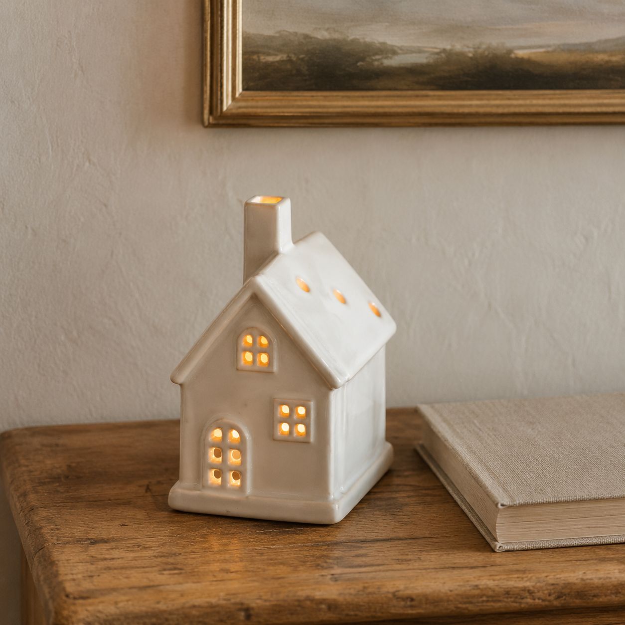 Neutral Ceramic Light Up LED House