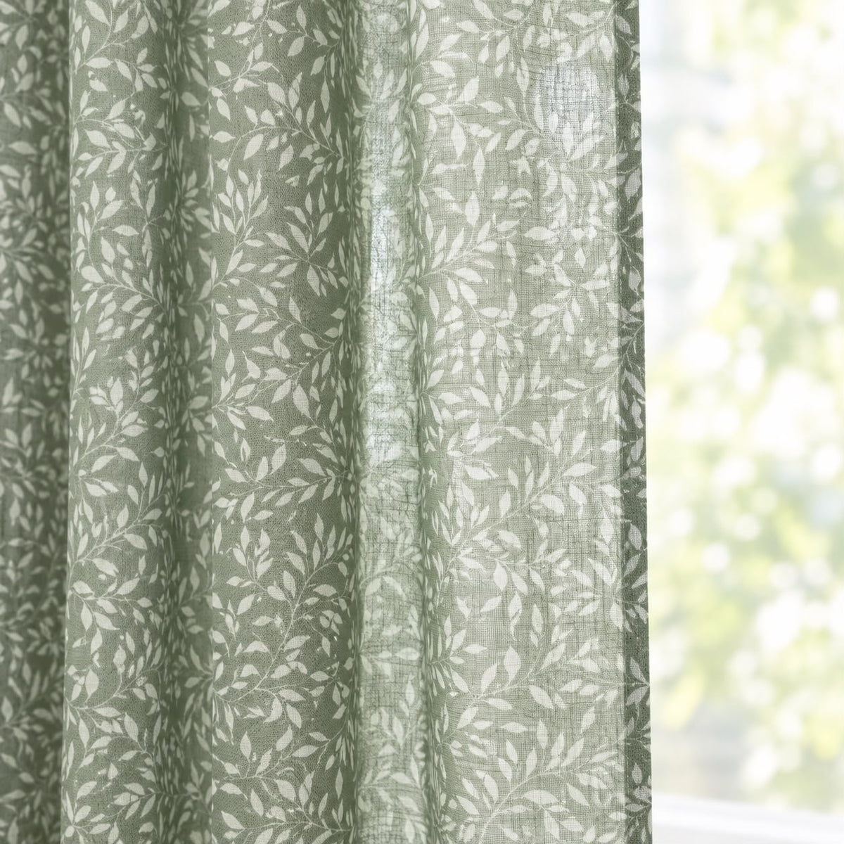 Yard Leaf Patterned Moss Green Woven Sheer Voile Curtain Panel