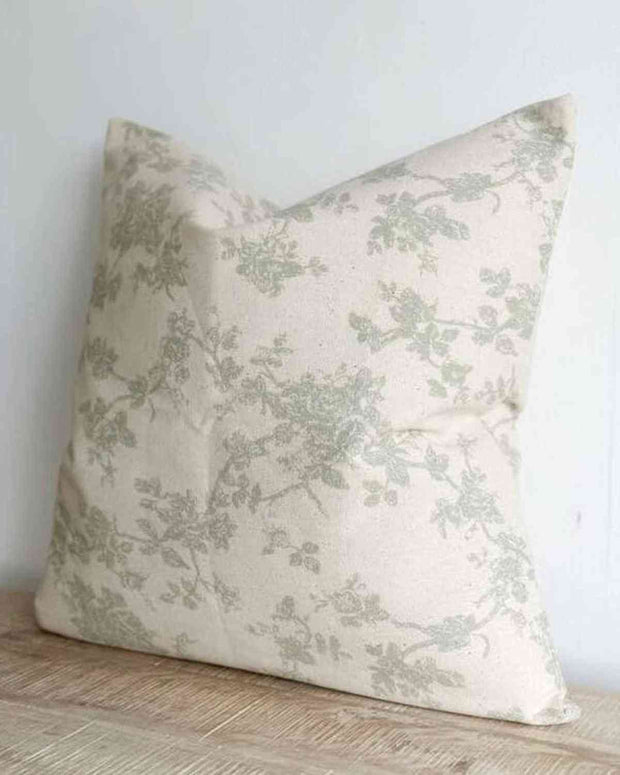 Aria Sage Green And White Floral Print Cotton Cushion Cover