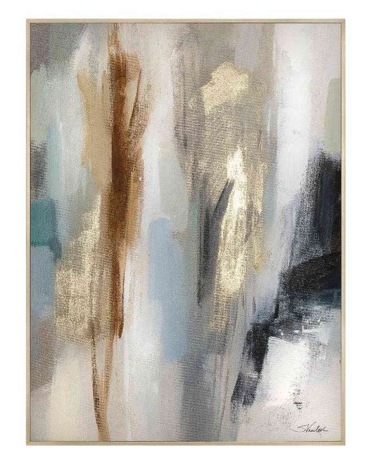 Abstract art painting with gold, black, and white colors in a wooden frame.