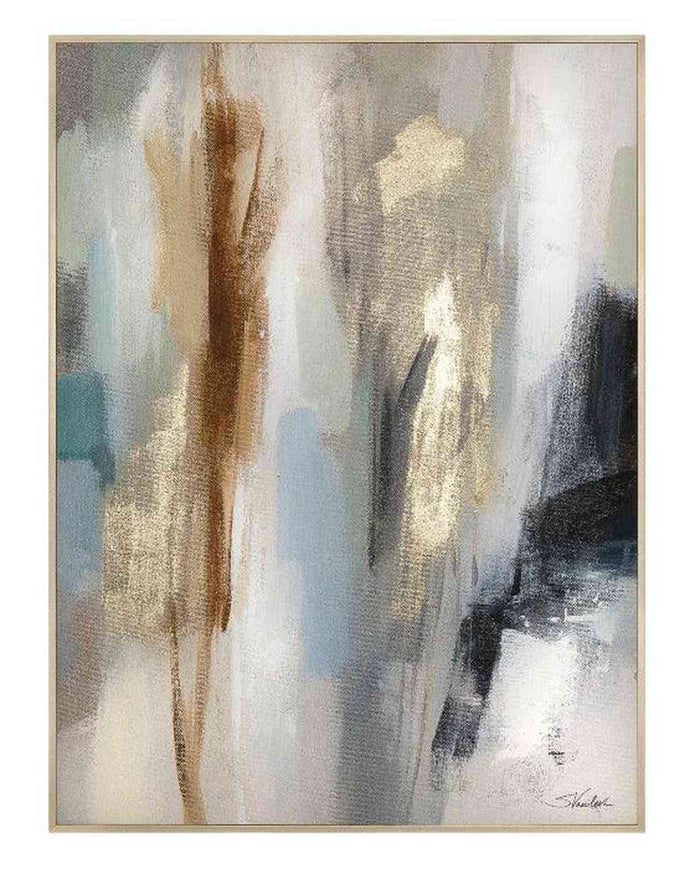 Abstract art painting with gold, black, and white colors in a wooden frame.