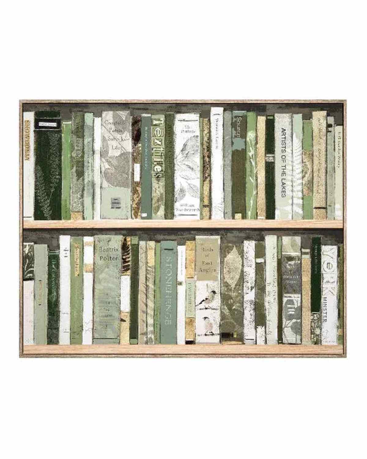 Bookshelf with books arranged in a decorative pattern on a white background