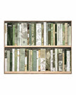 Bookshelf with books arranged in a decorative pattern on a white background