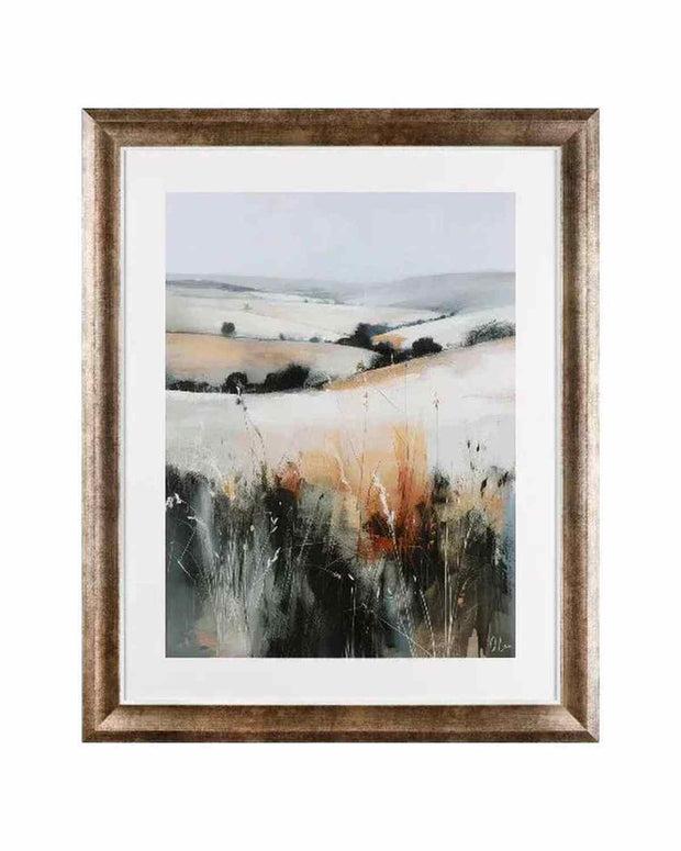 Framed abstract art print with a landscape scene on a white background