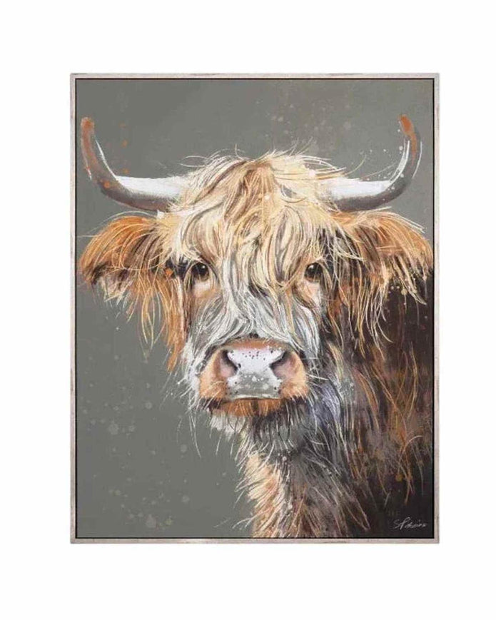 Framed artwork of a highland cow on a gray background